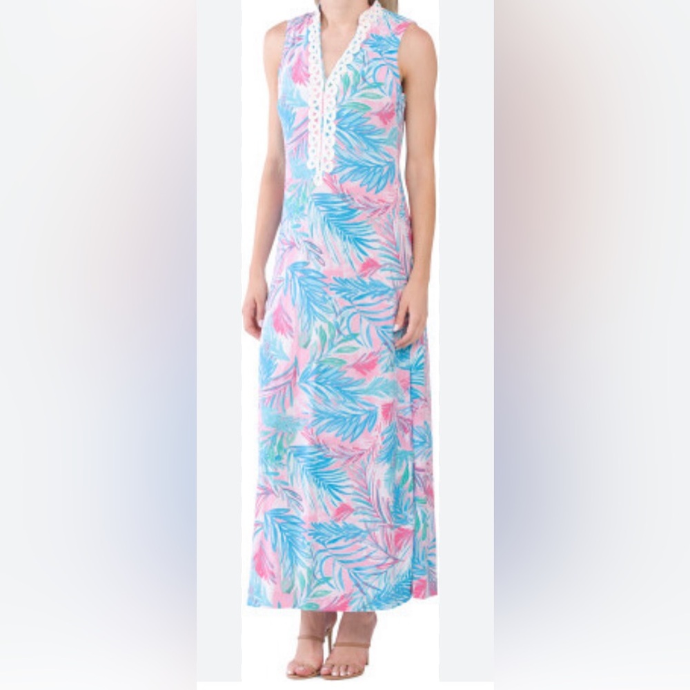 Sleeveless Pink & Blue Tropical Leaf Maxi Dress